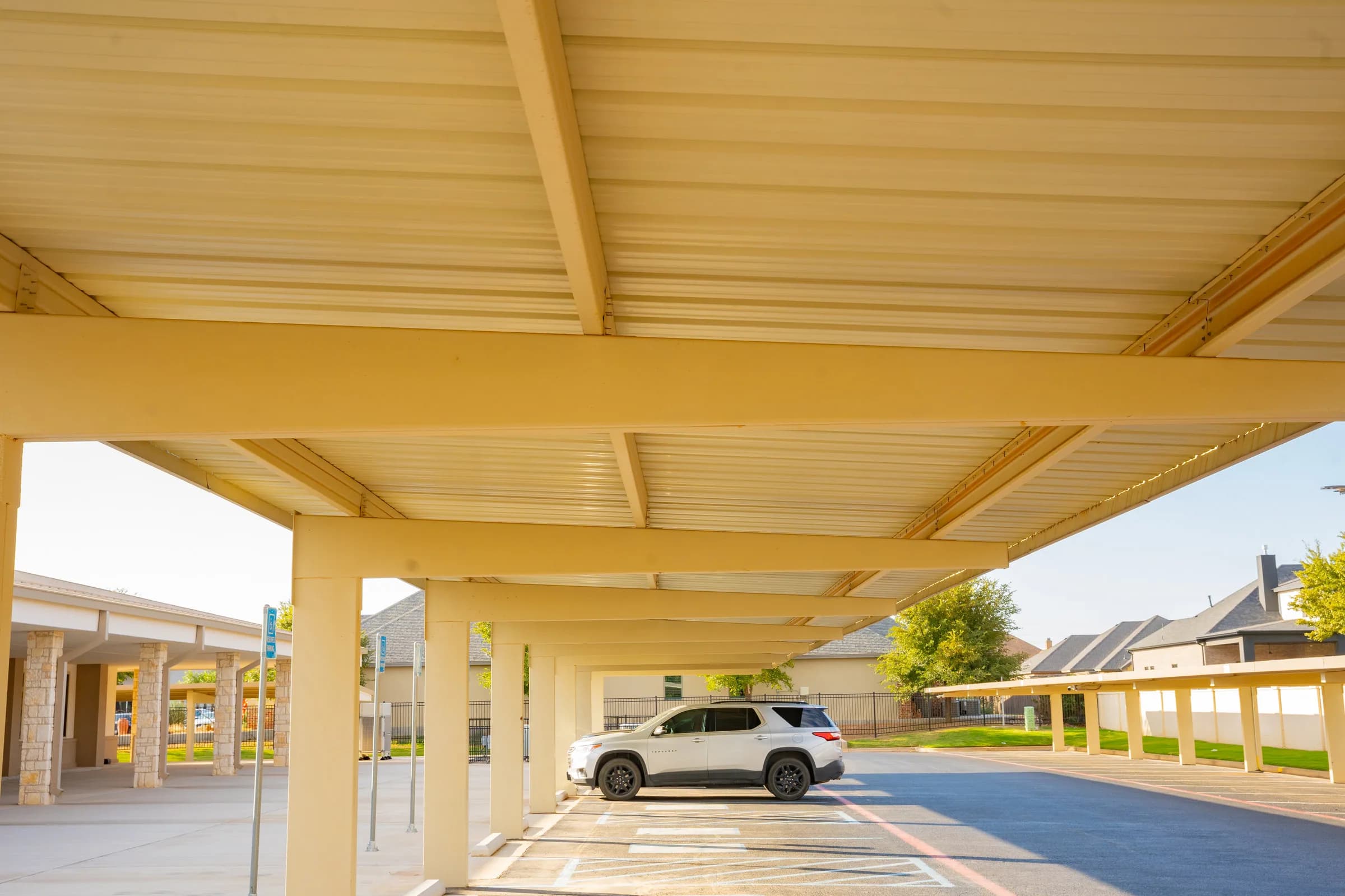 Metal canopy structures over a commercial property